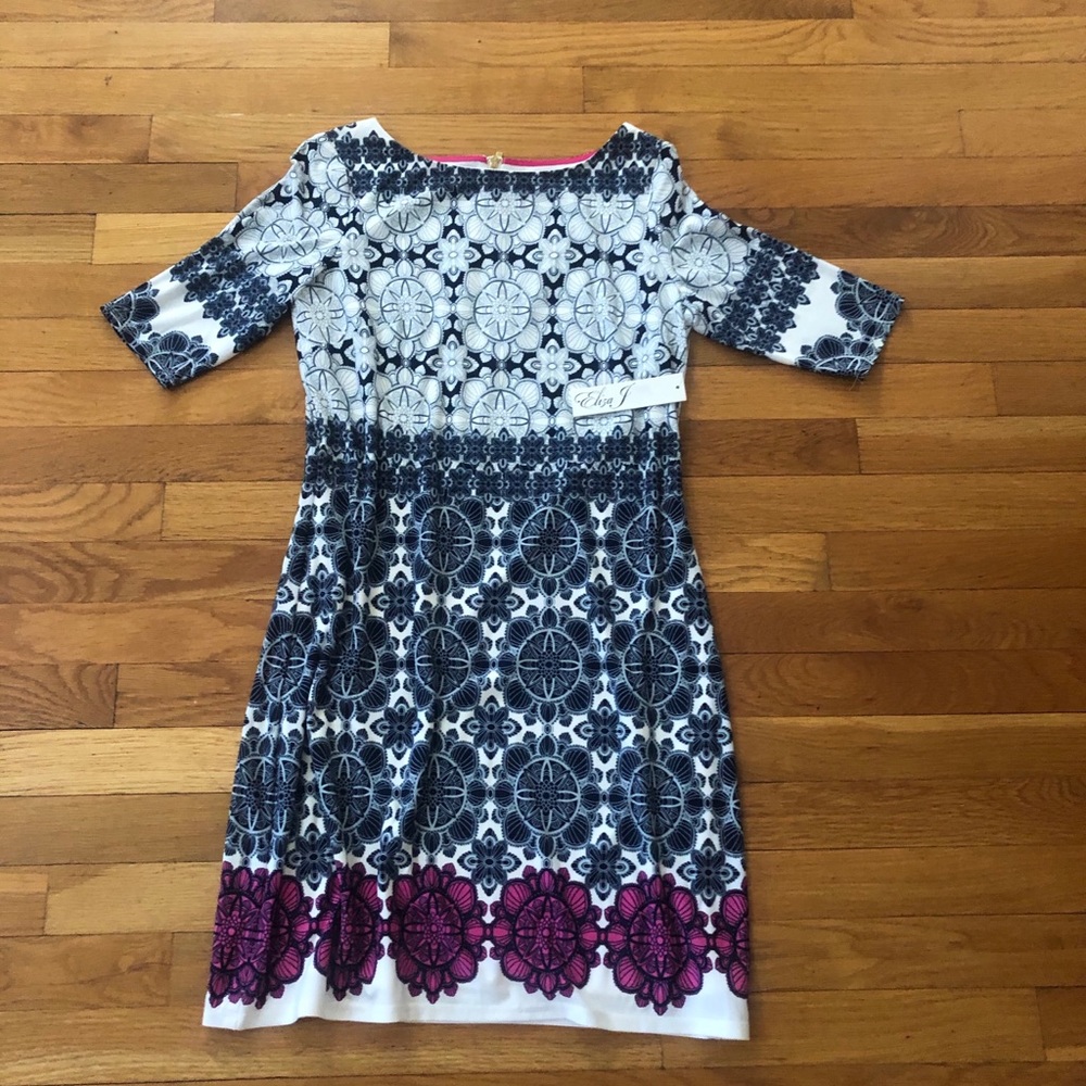Eliza J White and Black Lace Midi Dress